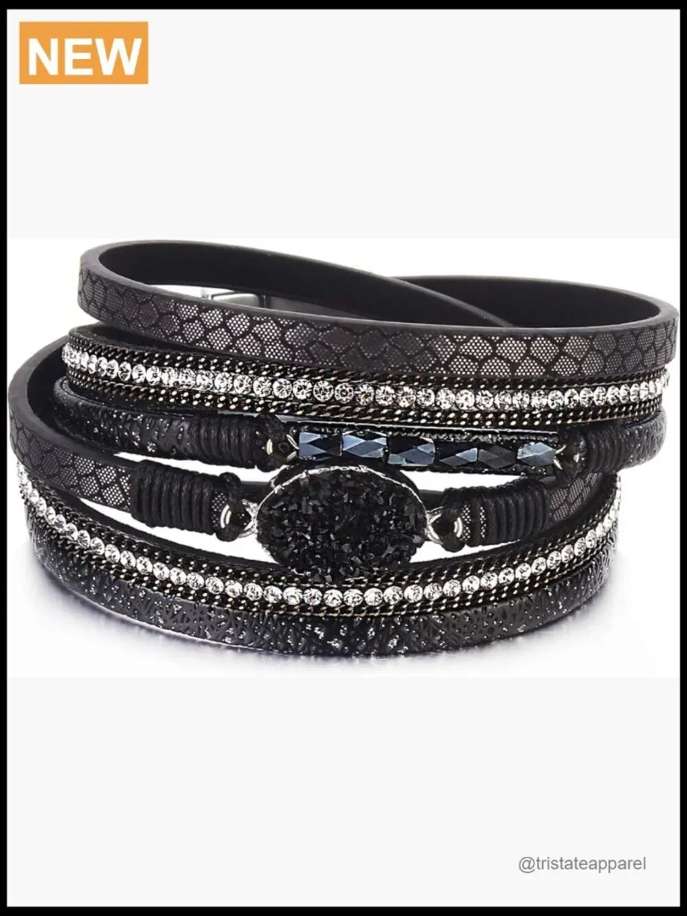 Boho Leather Wrap Bracelet Stackable Crystal Cuff
